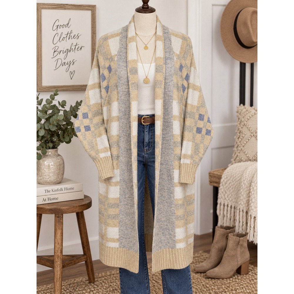 A New Day Women's XL Long Plaid Cardigan Sweater Cream Gray Open Front NWT
